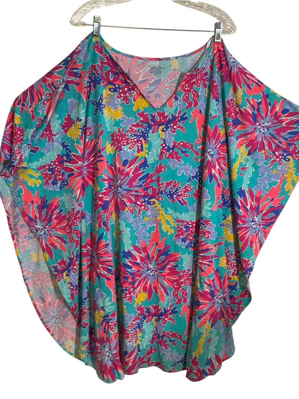 Lilly Pulitzer Turquoise Floral Caftan Coverup with Pink & Yellow Accents - Picture 3 of 8